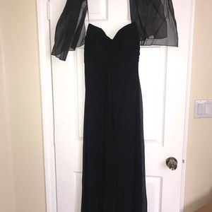 Long black strapless chiffon dress.